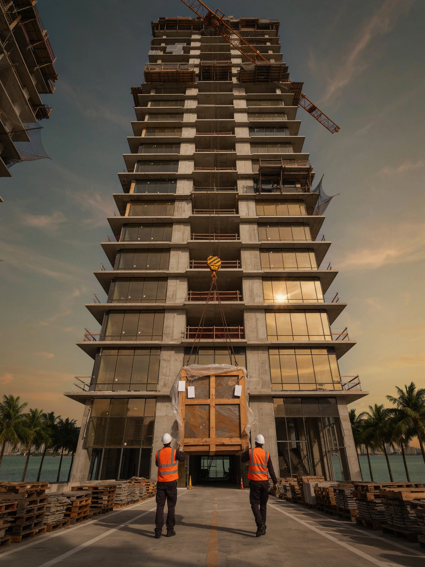 Crated stone lifted by crane into a tower under construction