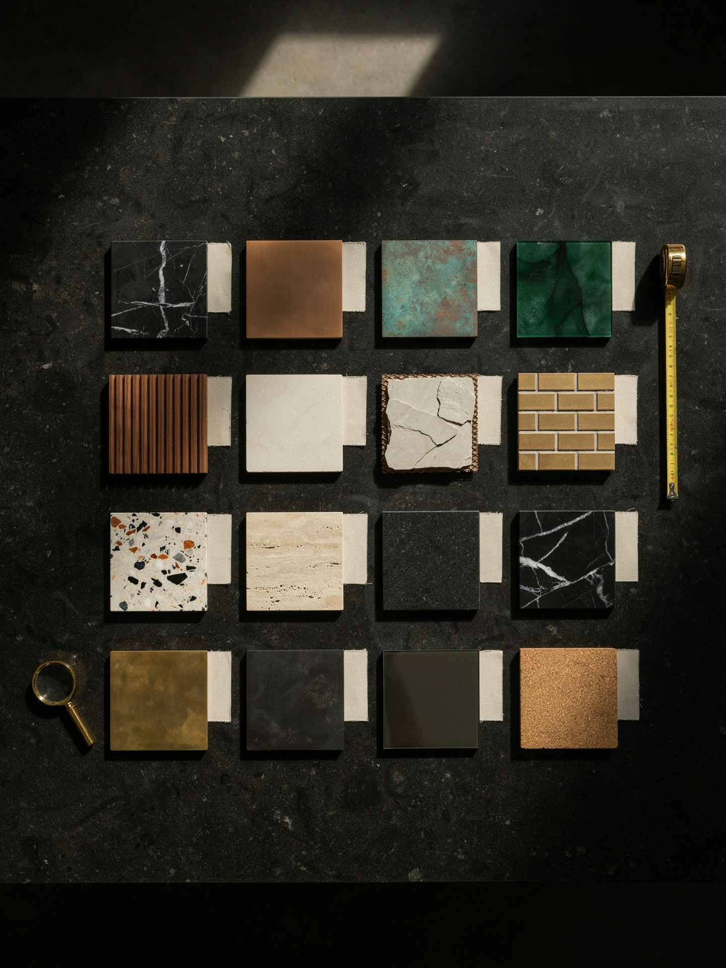 Curated material board of stone, metal, timber and terrazzo samples