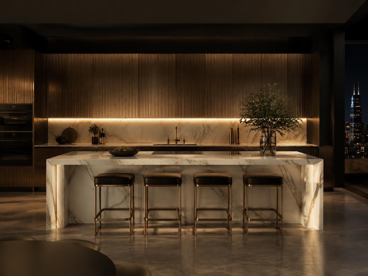 Waterfall marble island with fluted bronze cabinetry