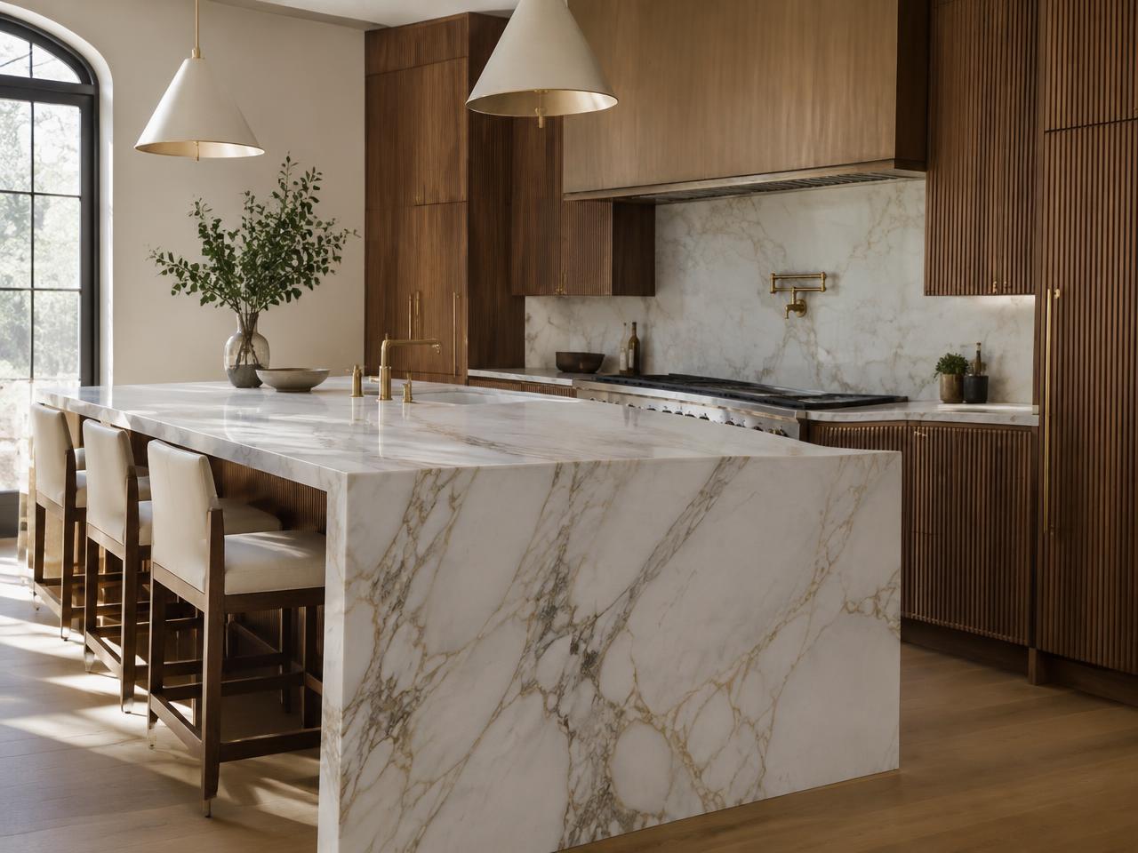 Calacatta marble waterfall island kitchen with fluted walnut cabinetry