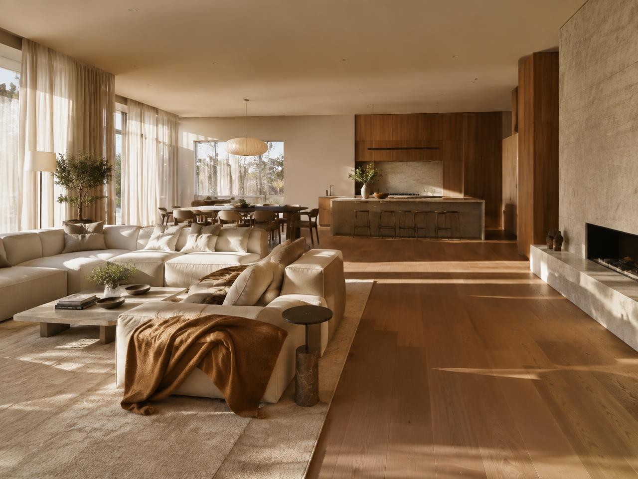 Open-plan living room with oak floors, walnut kitchen and limestone wall