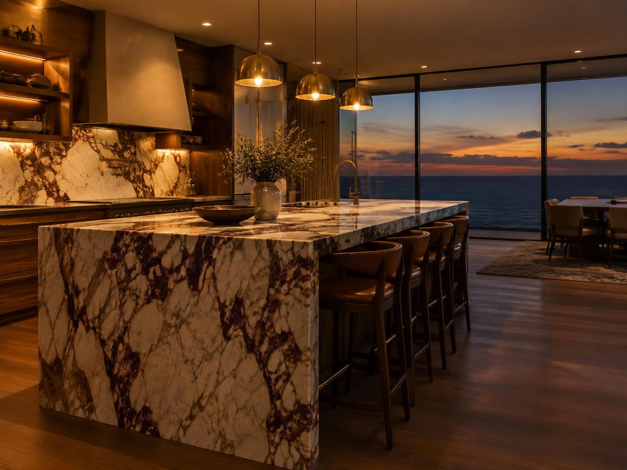 Calacatta viola marble island facing the ocean at dusk