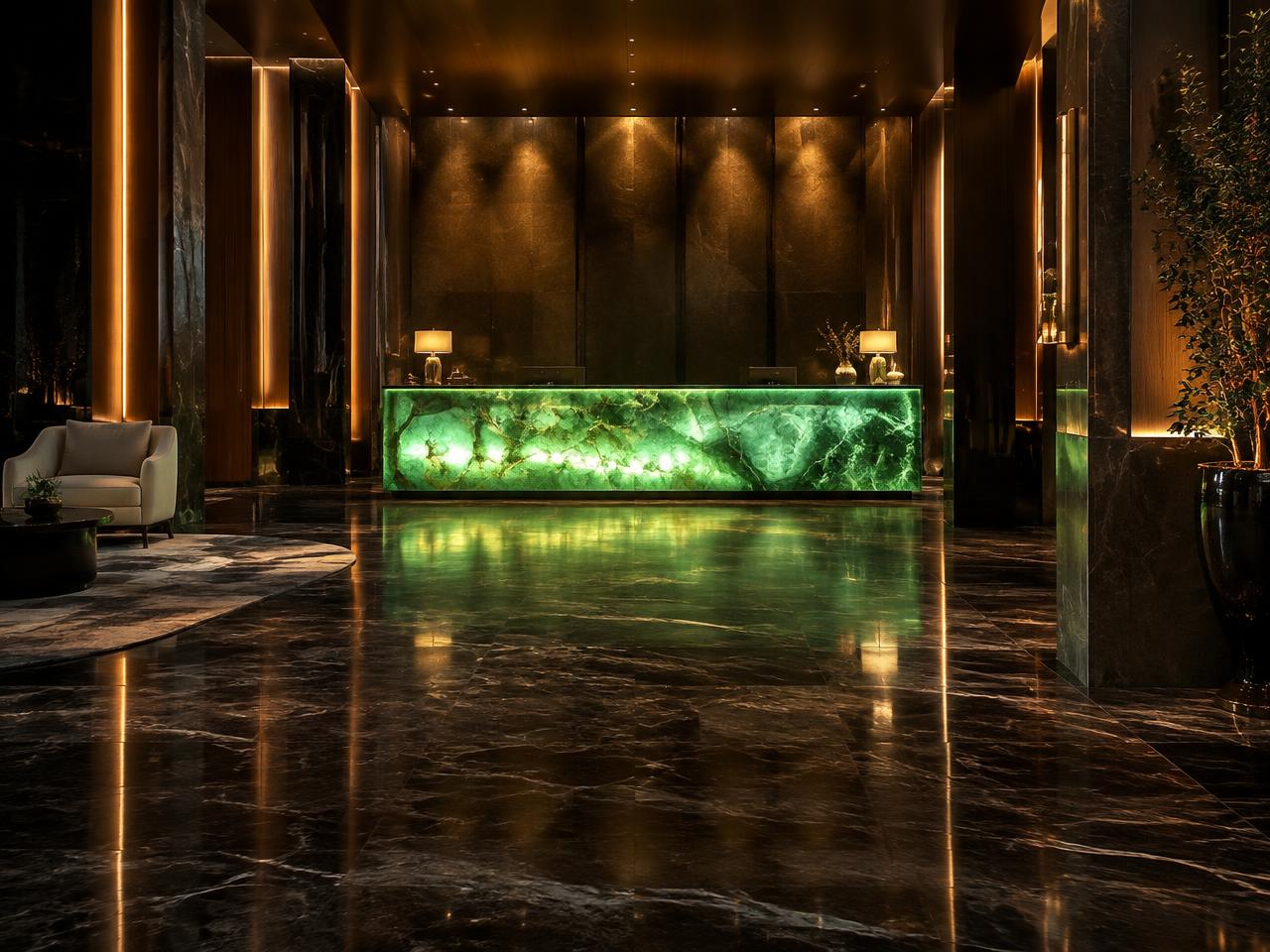 Lobby with a backlit green onyx reception desk