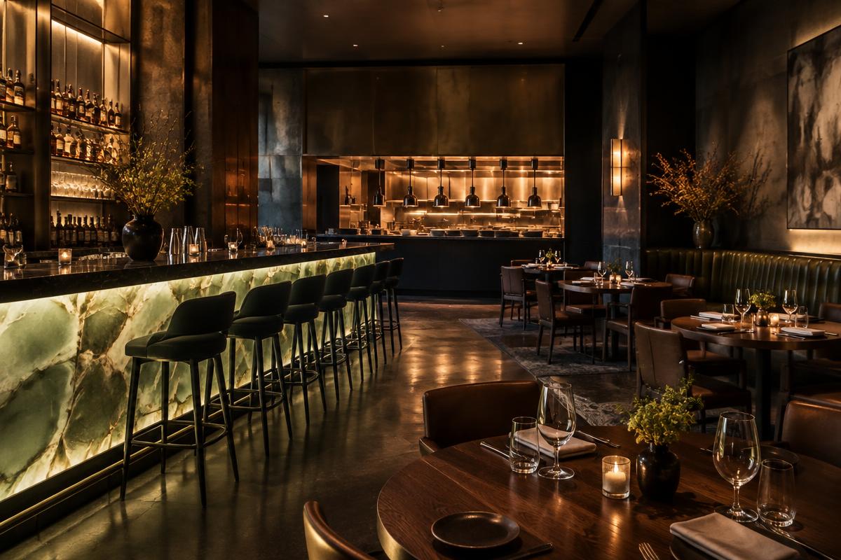 Restaurants project featuring Jade Glass, Metal Wall Panels, Stone + Surfaces