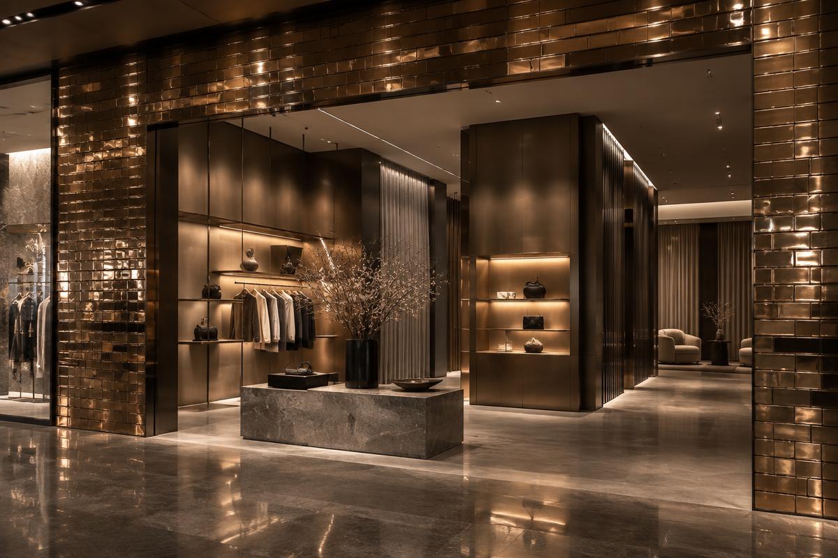 Retail project featuring Electroplating Bricks, Metal Wall Panels, Vault LED
