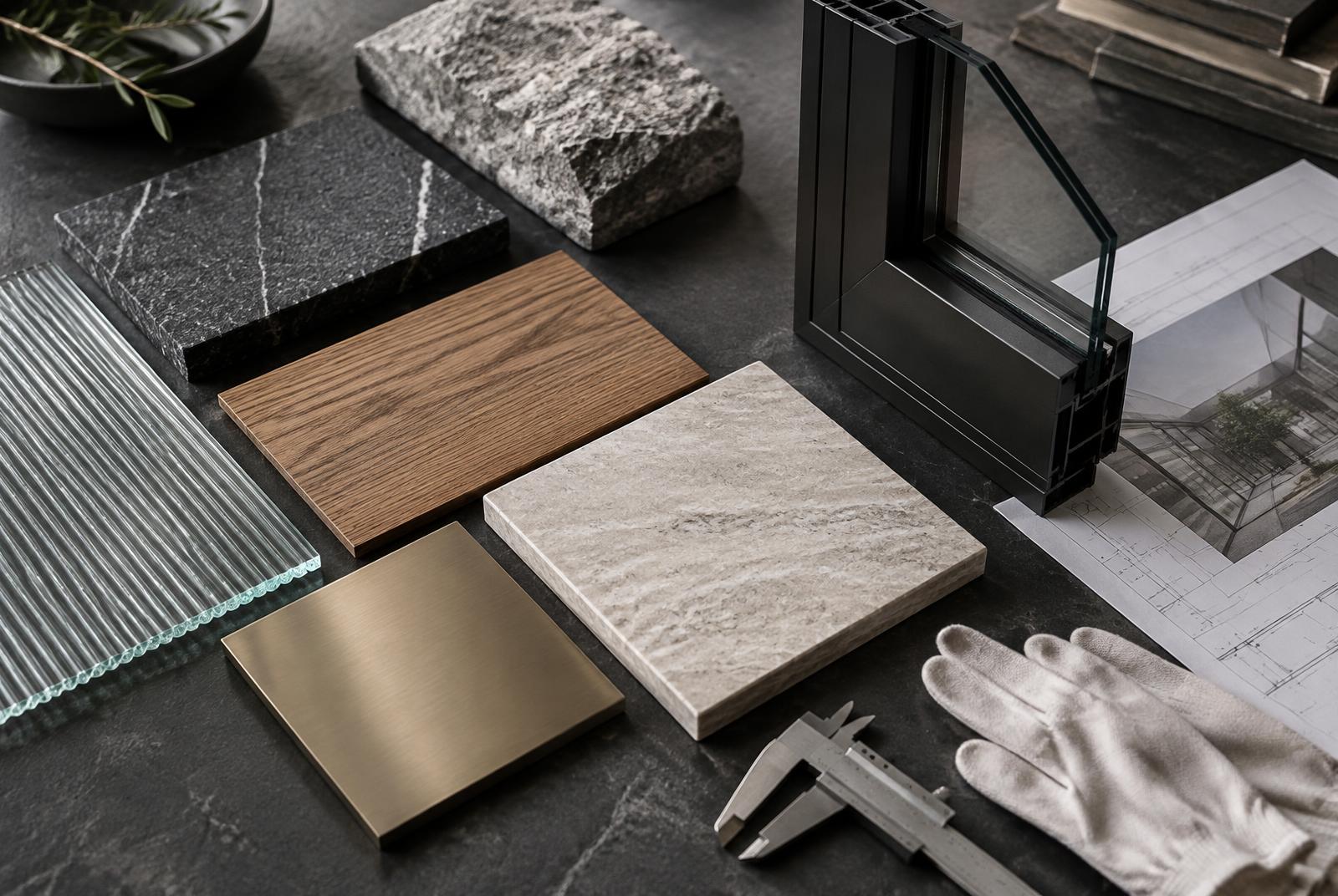 Architectural sample kit with stone, timber, glass and metal finishes