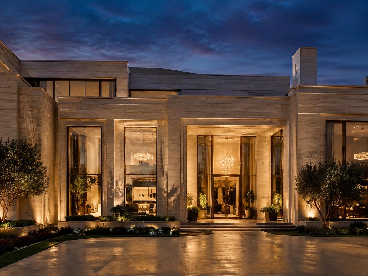 Limestone facade with bronze-framed glazing at night