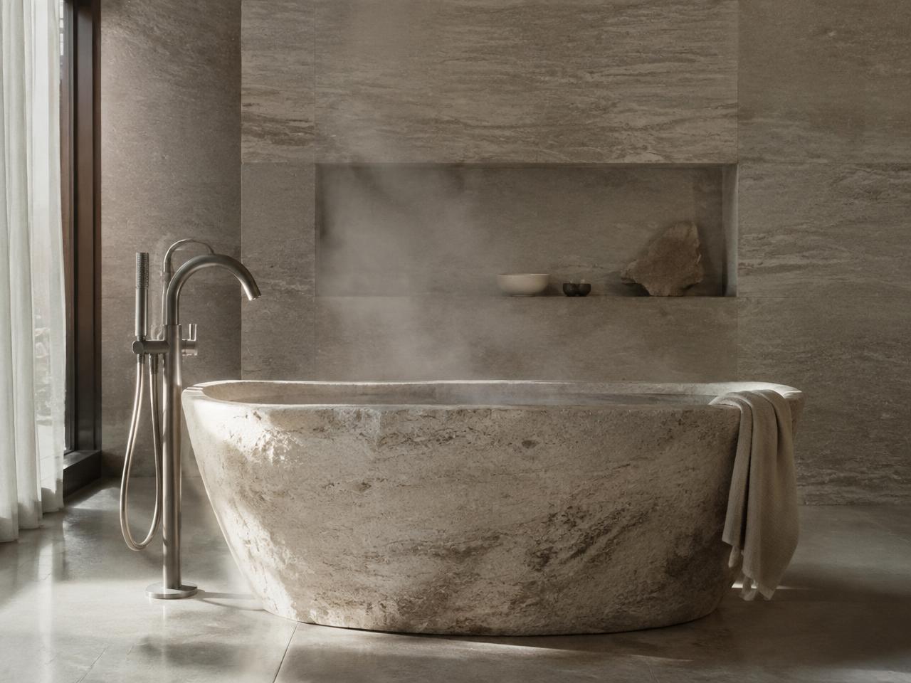 Spa bathroom in silver travertine with a carved stone bathtub