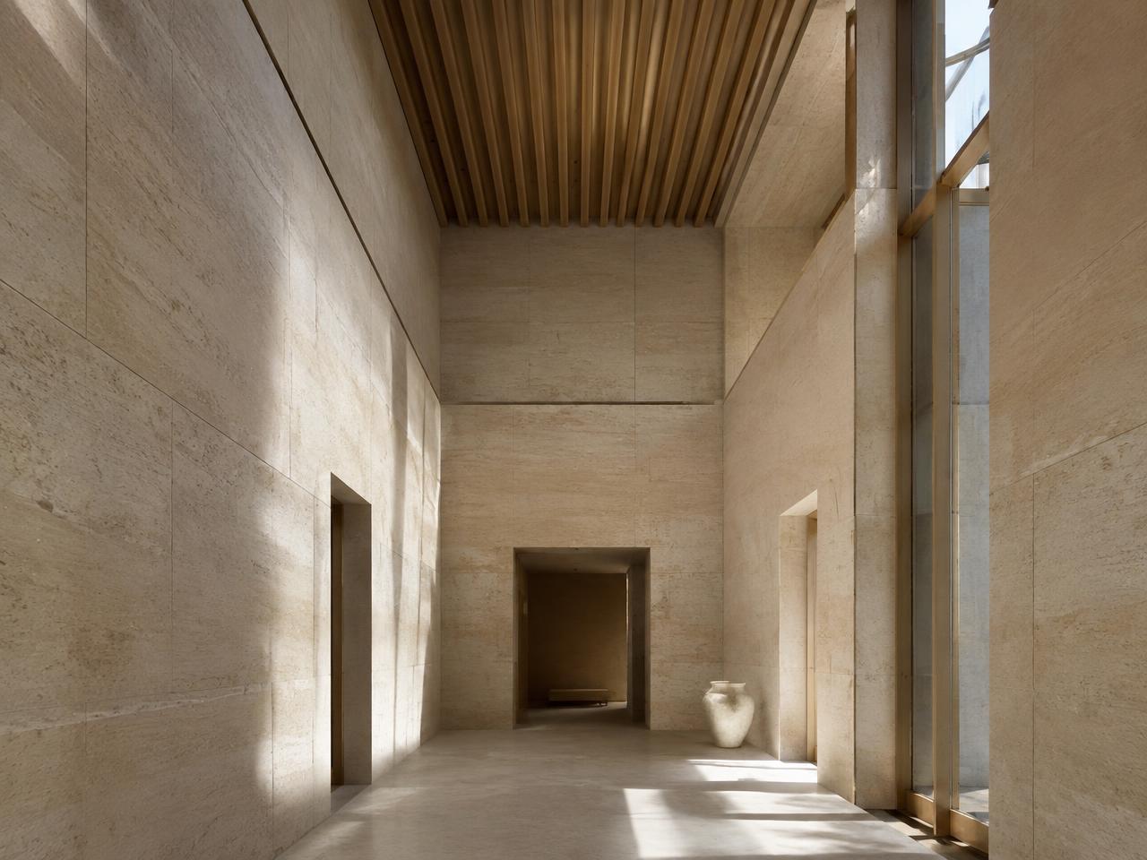 Double-height travertine gallery hallway with oak ceiling fins