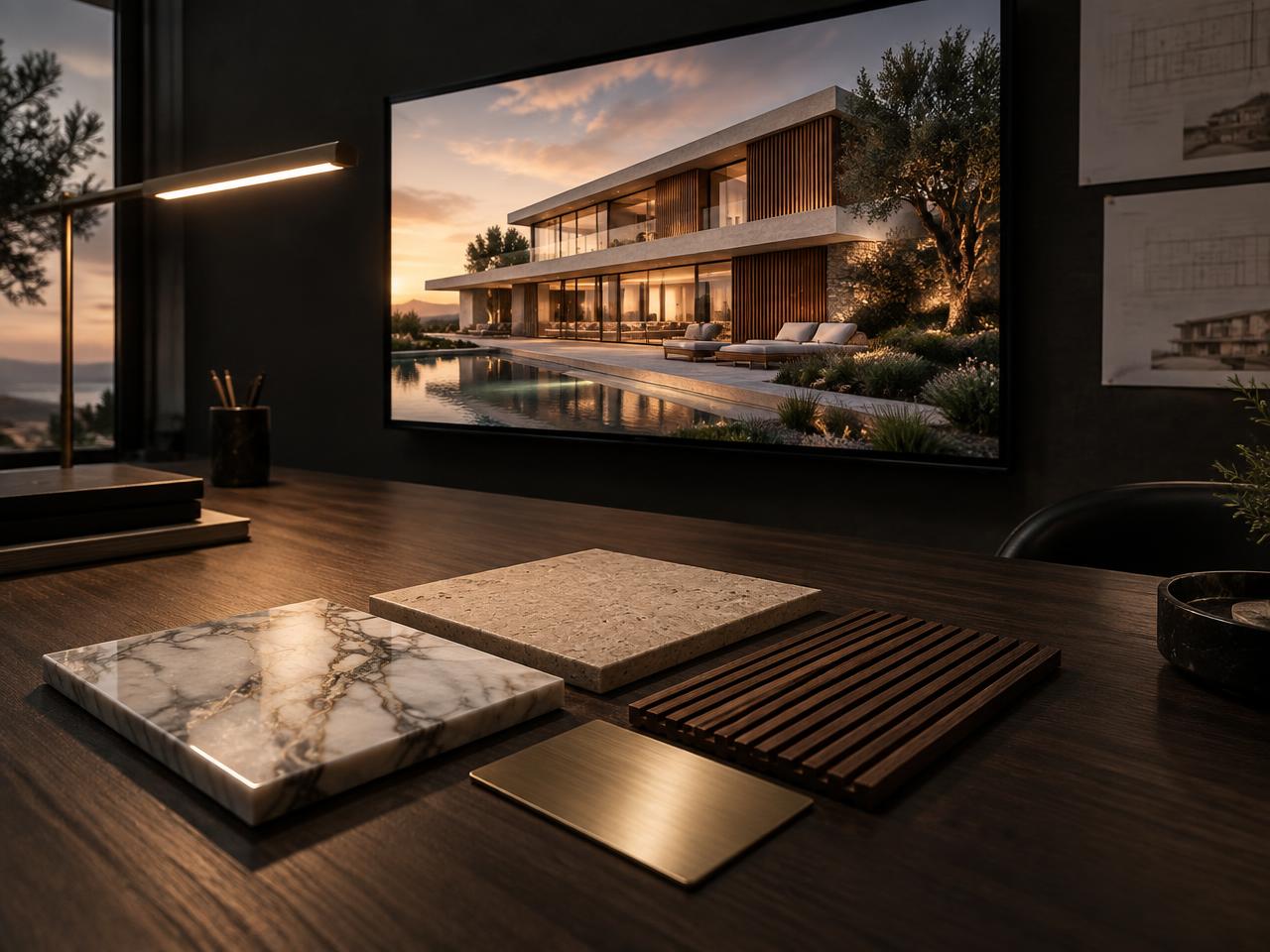 Material samples of marble, travertine, walnut and champagne gold arranged before a screen showing a rendered luxury villa