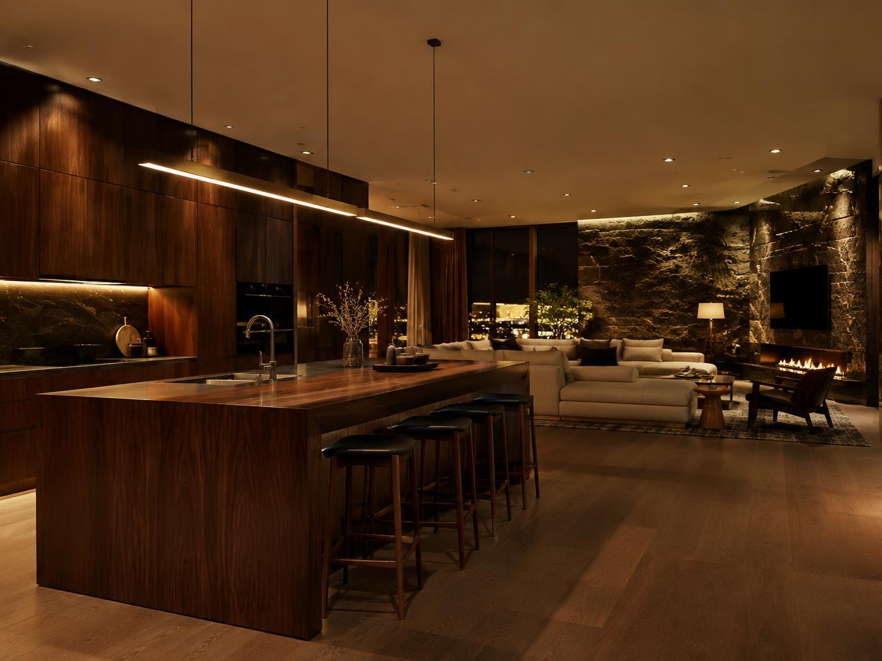 Walnut kitchen and living room with a grey stone feature wall
