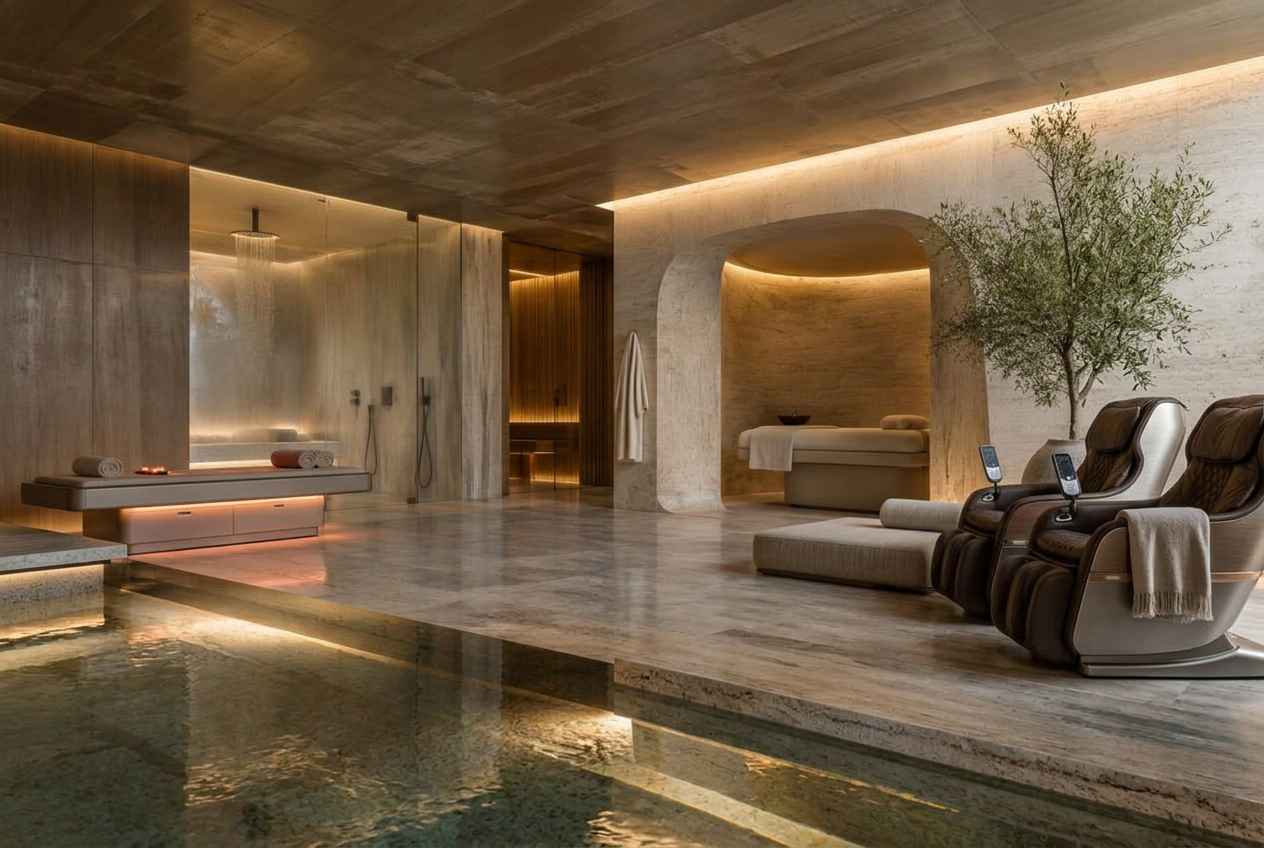 Wellness project featuring Vault Pods, Stone + Surfaces, Vault LED